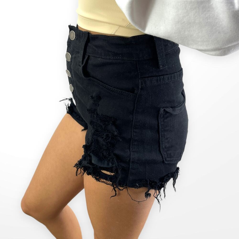 APHRODITE Black Raw Hem High Rise Button Fly Stretch Shorts - Picture 4 of 6